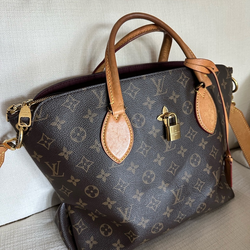 Louis Vuitton Flower Zipped Tote MM Monogram Tote Bag maroon and gold.